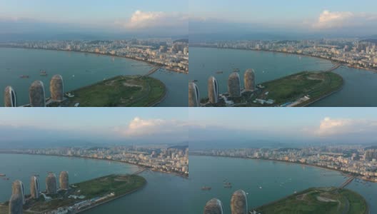 日落三亚市著名酒店度假岛湾航拍4k海南中国高清在线视频素材下载