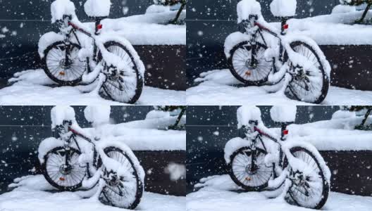 自行车和冬天下雪高清在线视频素材下载