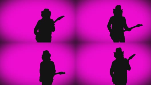 戴着帽子的酷摇滚吉他手正在粉色背景上弹奏电吉他。高清在线视频素材下载