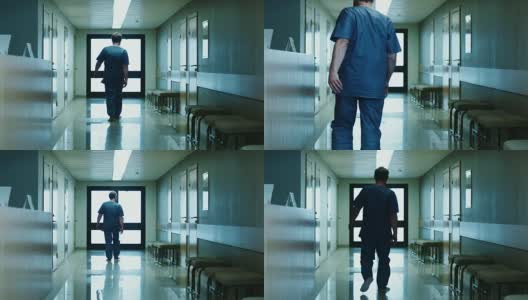 在医院里，老人在接待处问问题，然后沿着走廊走。干净的现代医疗设施。高清在线视频素材下载
