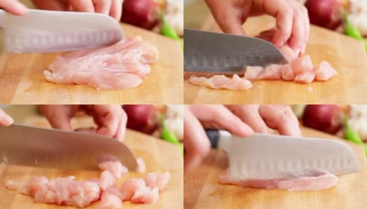 厨师用三德厨刀将鸡胸肉切成薄片高清在线视频素材下载