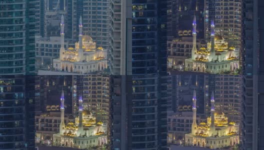 在阿联酋迪拜的迪拜码头上，Al Raheem清真寺在摩天大楼之间，昼夜交替高清在线视频素材下载