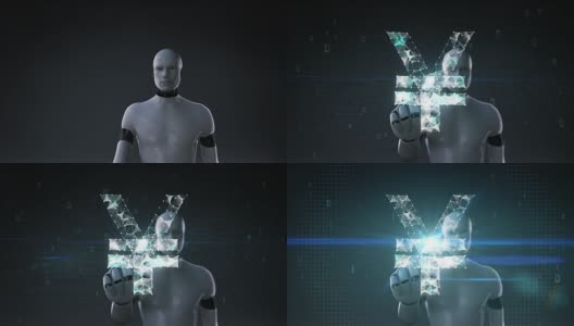 机器人，半机械人触摸屏幕，无数的点聚集在一起创造一个日元货币符号。高清在线视频素材下载