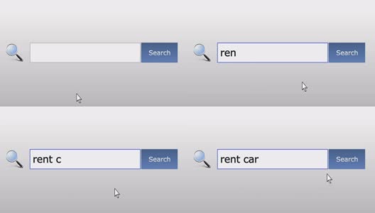 租车-图形浏览器搜索查询，网页，用户输入搜索相关结果，计算机互联网技术。网页浏览打字字母，填写表格按下查找按钮，导航到搜索结果页面，在线工作高清在线视频素材下载