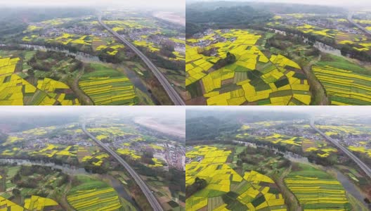 鸟瞰中国四川乡村景观与油菜籽田和高速公路交通，4k高清在线视频素材下载