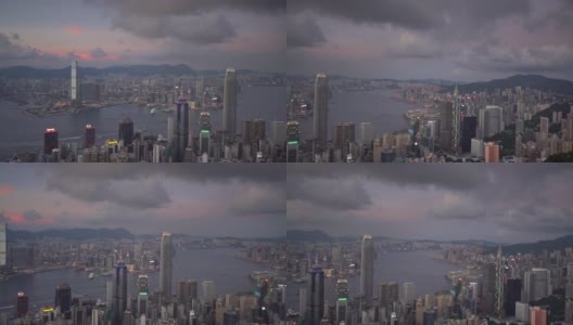 日落时分，维多利亚港和香港天际线的全景高清在线视频素材下载