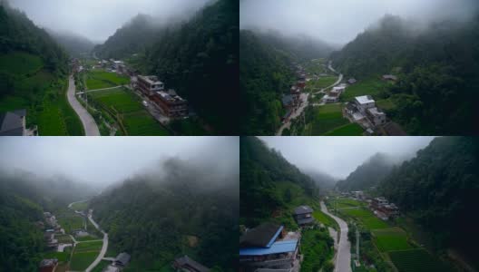 清晨鸟瞰中国湖北的山峦和村庄。高清在线视频素材下载