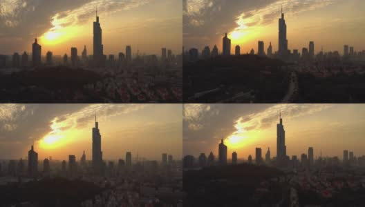日落天空南京著名的市中心城市景观拥挤的墙顶空中全景4k中国高清在线视频素材下载
