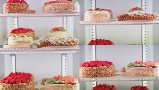 蛋糕陈列于面包店的陈列柜。高质量的全高清镜头高清在线视频素材下载