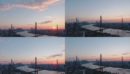 时间流逝的镜头与美丽的云和城市天际线的背景上海城市日落，4k高角度视图b滚动拍摄。高清在线视频素材下载