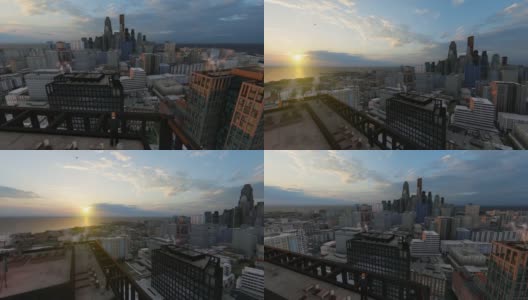 一个人站在屋顶上俯瞰城市，美丽的夕阳在他的左边高清在线视频素材下载