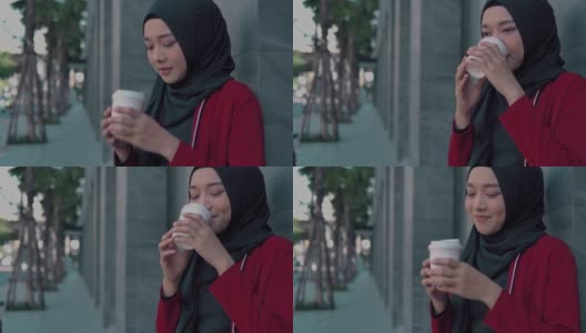 穆斯林妇女喝咖啡高清在线视频素材下载