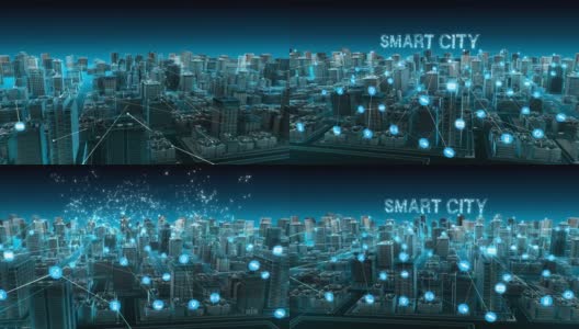 智能城市上的智能传感器图标，连接“智能城市”计算物联网。4 k。高清在线视频素材下载