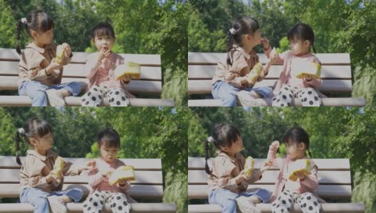 在公园野餐时，孩子们吃面包高清在线视频素材下载
