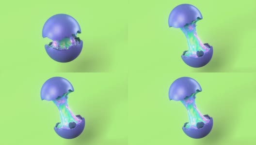 彩色的蓝色陶瓷球裂成两半，用彩虹色的口香糖粘在绿色的背景上。现代3d渲染模板。数字动画。4 k, UHD分辨率高清在线视频素材下载