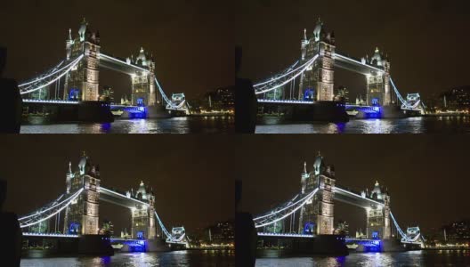 伦敦塔桥上宽阔的夜景塔和泰晤士河倒影，英国高清在线视频素材下载