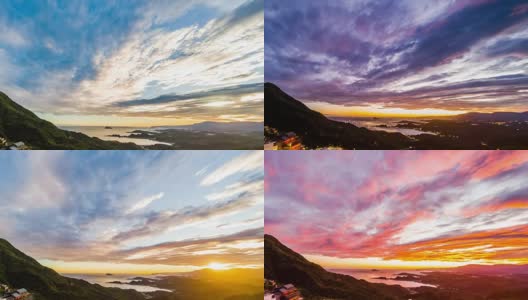 时光流逝的视频美丽的云移动和日落在山在九份，台湾。高清在线视频素材下载