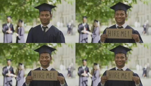 学生们穿着毕业装摆桌子雇佣我为青年提供就业机会高清在线视频素材下载