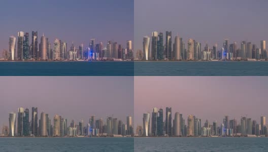 多哈的天际线从夜晚到白天的过渡时间在卡塔尔高清在线视频素材下载