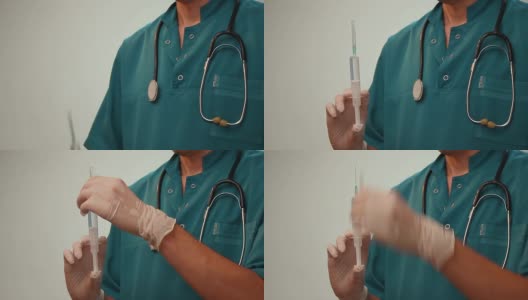 医生戴着白手套拿着注射器准备注射高清在线视频素材下载
