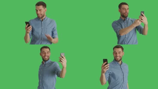 中景的一个时尚的男人做视频电话和显示/指向他身后的景点。拍摄在绿色屏幕背景。高清在线视频素材下载