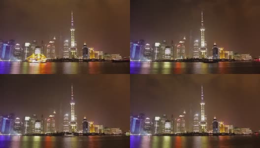 夜景浦东堤岸，灯火通明的游船在黄浦江上航行高清在线视频素材下载