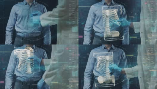 慢动作的未来医生正在检查他的病人的内部器官与最新的创新技术扫描增强现实全息图在现代实验室高清在线视频素材下载