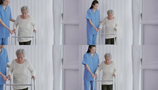 亚洲女护士医生，帮助82岁的亚洲老年妇女在家或医院步行训练和康复过程。老祖母倾听照顾者给予的支持，老年人医疗保健，物理治疗。在家里照顾者高清在线视频素材下载