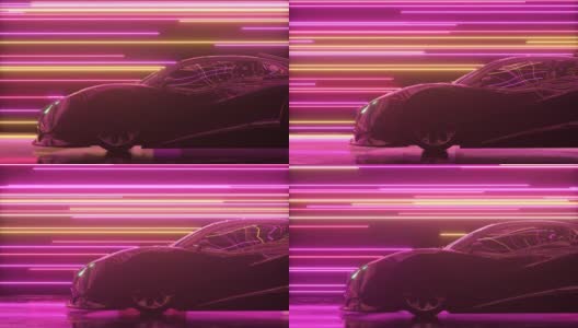 未来的概念。跑车在发光的霓虹灯线的背景。粉红色紫色。三维动画无缝循环高清在线视频素材下载