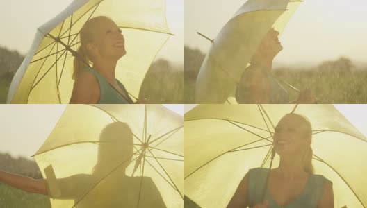 快乐的女人撑着伞旋转着，用手感受着雨高清在线视频素材下载