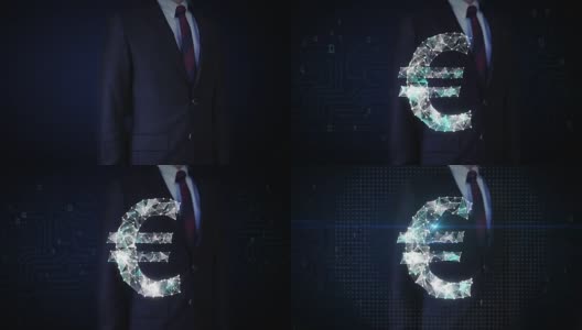 商人触摸屏幕，无数的点聚集在一起创建一个欧元货币符号，低多边形网络。高清在线视频素材下载