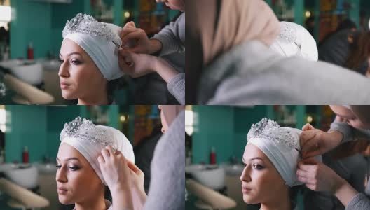 女子绑伊斯兰婚礼头巾美丽的模型高清在线视频素材下载