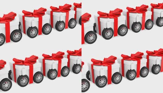 带轮子的礼盒，礼品递送概念，动画。3D渲染孤立的白色背景高清在线视频素材下载