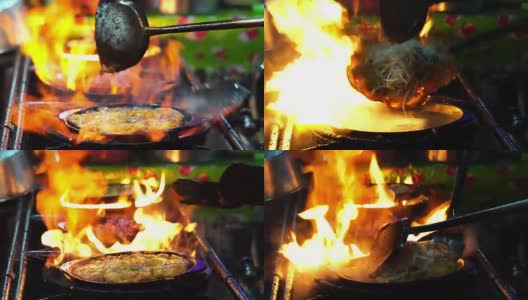4K镜头的特写烹饪炸虾铲子炒锅上的锅，泰国传统食物，亚洲食物高清在线视频素材下载