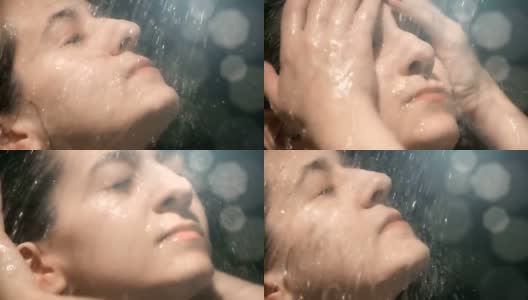 女人脸部轮廓淋浴水打开慢动作高清在线视频素材下载