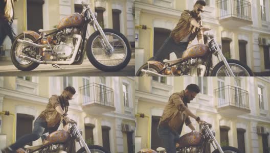 雅马哈摩托车骑手。骑着复古摩托车的时尚男士。潮人摩托车高清在线视频素材下载