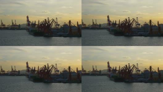 日落之光深圳著名港口湾起重机慢镜头全景4k中国高清在线视频素材下载