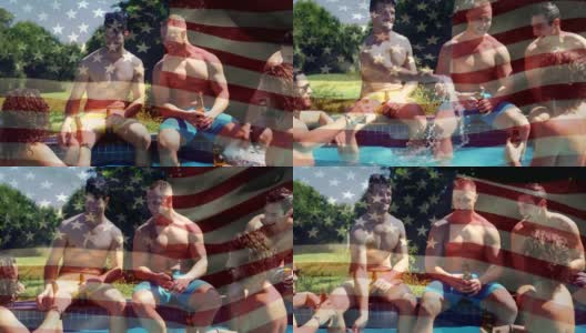 一群朋友在一个游泳池和美国国旗为7月4日高清在线视频素材下载