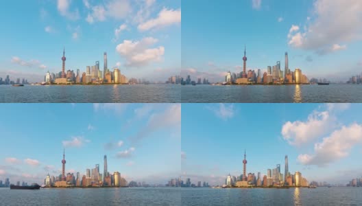 美丽的上海外滩，蓝天白云背景下的夕阳，上海塔仍在建设中，4k视频，时间流逝视频。高清在线视频素材下载