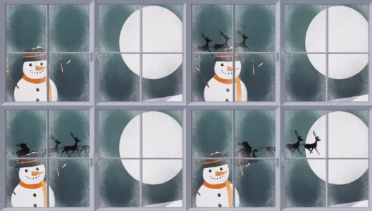 雪人的动画，圣诞老人的剪影在雪橇被驯鹿拉和冬季基督高清在线视频素材下载