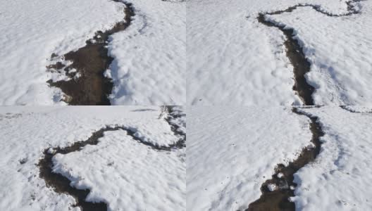 冬天，在松林中，空中盘旋在蜿蜒的河床上。在山上滑雪度假。高清在线视频素材下载