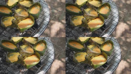 泰国菜，香蕉叶杯烤蛋高清在线视频素材下载