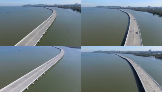 关于水资源的道路。从空中飞过一条河上的公路桥高清在线视频素材下载
