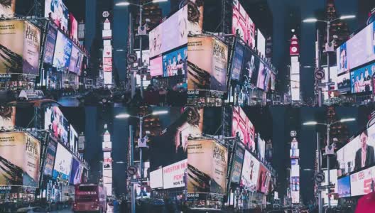 晚上在时代广场，有著名的纽约黄色出租车高清在线视频素材下载