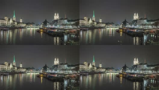 瑞士夜间照明苏黎世中央河桥城市全景4k时间流逝高清在线视频素材下载