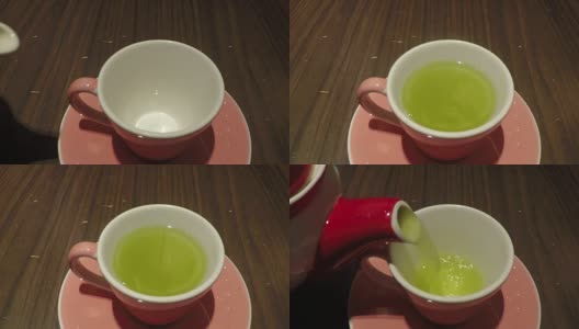 特写绿茶倒进玻璃茶杯，慢动作高清在线视频素材下载