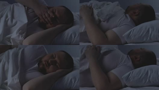 肥胖男子在床上辗转反侧，呼吸暂停，呼吸暂停高清在线视频素材下载