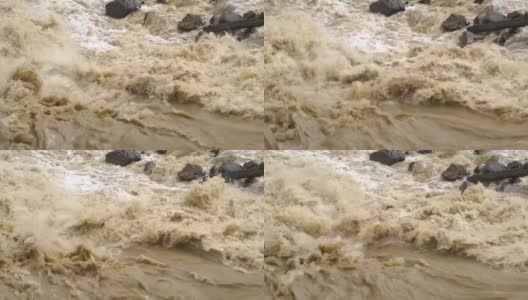 春季暴雨期间，河水浑浊，河水泛滥。高清在线视频素材下载