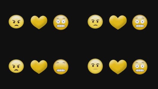 数字动画黄色的心图标，生病和鬼脸的表情符号在黑色的背景高清在线视频素材下载