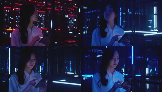 一名亚洲少女在夜晚使用5G移动智能手机，在五颜六色的紫外线灯下观看。移动互联网，新一代网络。可视化5 g的概念。高清在线视频素材下载